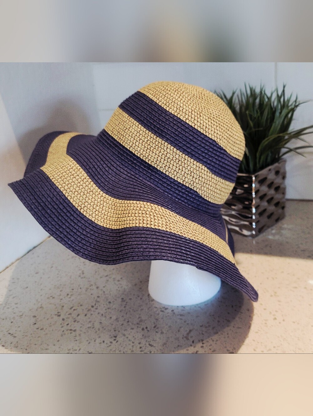 Beach Ready Navy & Tan Wide Brim Straw Sun Hat - Picture 2 of 4